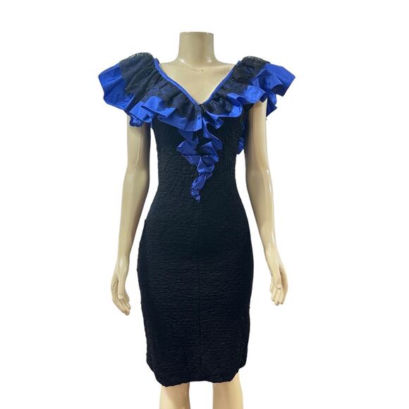 Vintage 80s Glam Cocktail Prom Dress Womens Small Black Blue Short Bow Ruffle - Picture 1 of 12